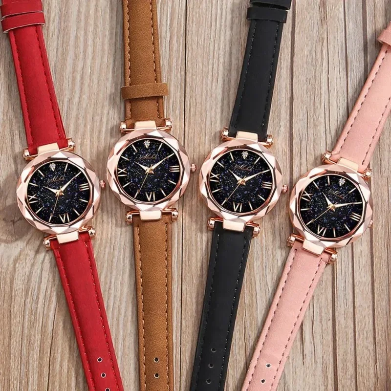 Fashion Women Quartz Wristwatches Light Luxury High Grade Sparkling Water Romantic Starry Sky Watch for Women Leather Watch