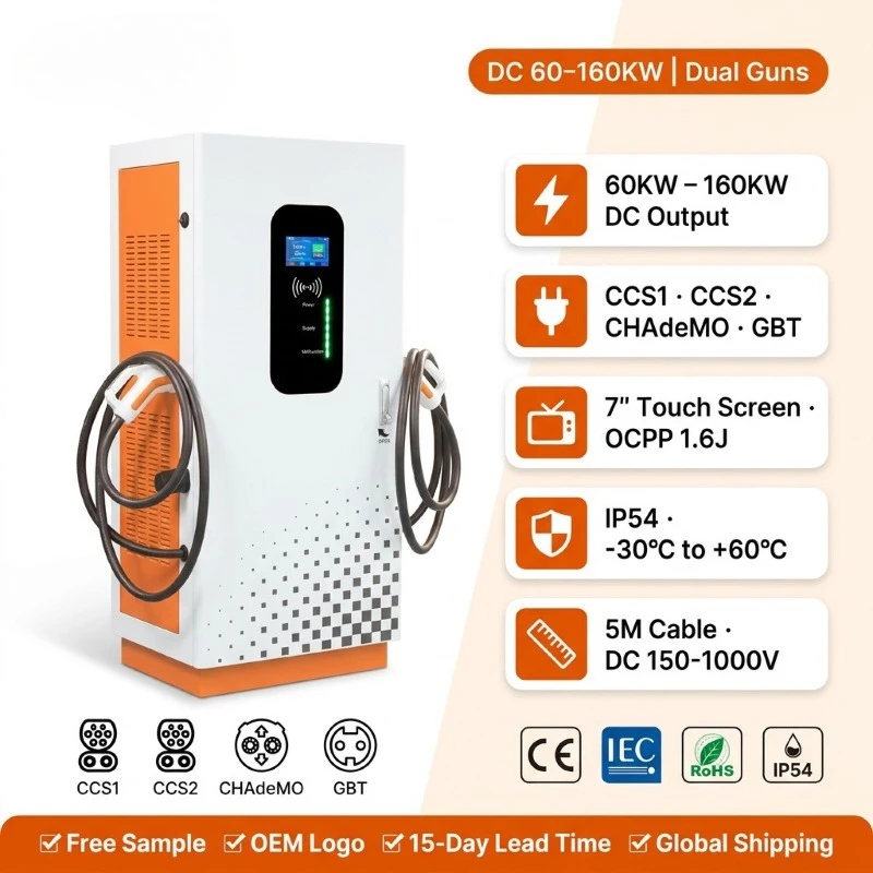 Customized 60KW 120KW 160KW DC Electric Vehicle Charging Pile Double CCS1 CCS2 CHADEMO GBT OCPP 1.6J 4G RFID IP54 7 Inch Floor C
