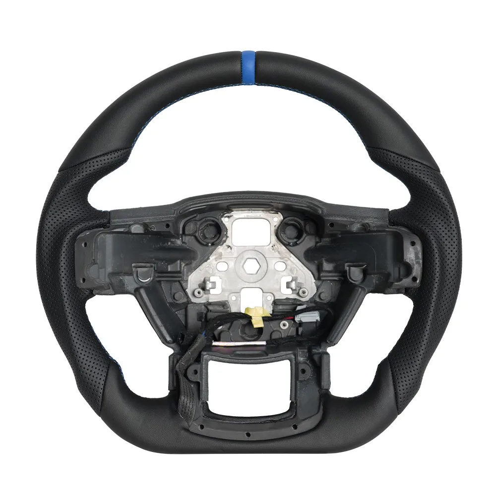 Heated Full Leather Steering Wheel Blue Top Stripe Fit for Ford F150 Raptor 2015-2020 Flat bottom Racing Car Accessories