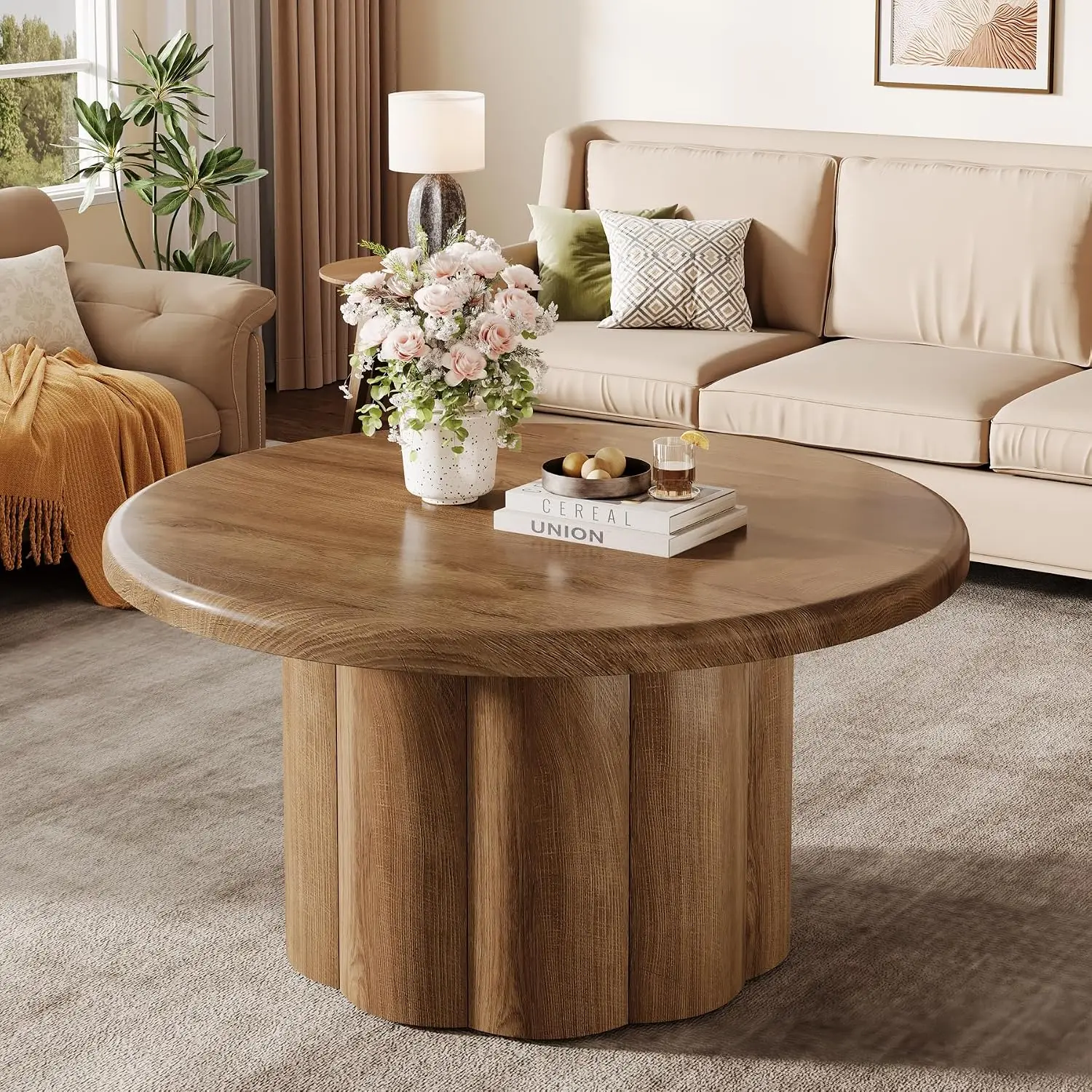 Round Coffee Table Farmhouse Circle Center Cocktail Table With Fluted Drum Base Wooden Living Room Table Accent Furniture For Apartment Small Space Brown
