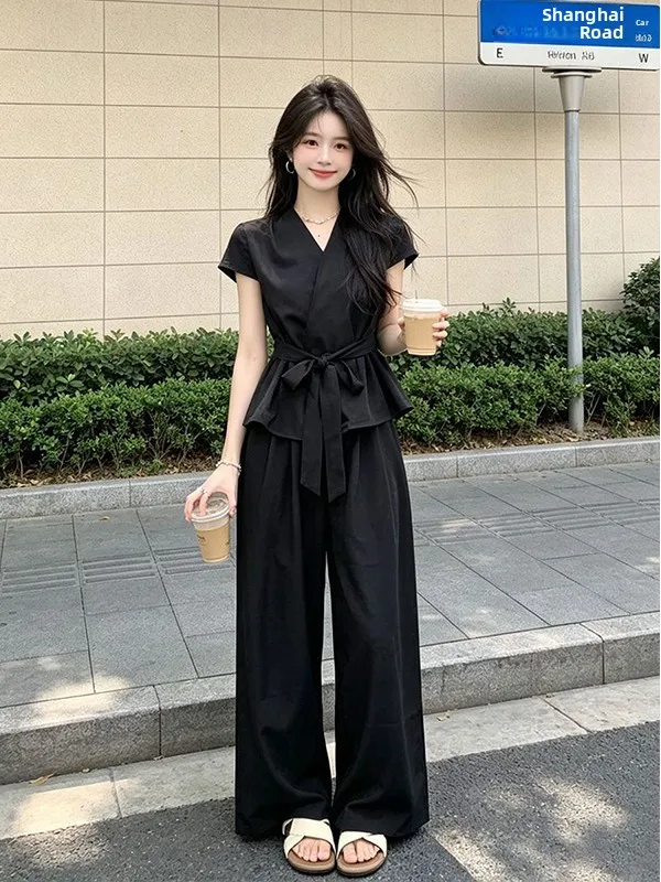 Fashionable Slimming Waist Design Casual Women's Two-Piece Set High Waist Wide Leg Pants V-Neck T-Shirt Short Sleeve Button up