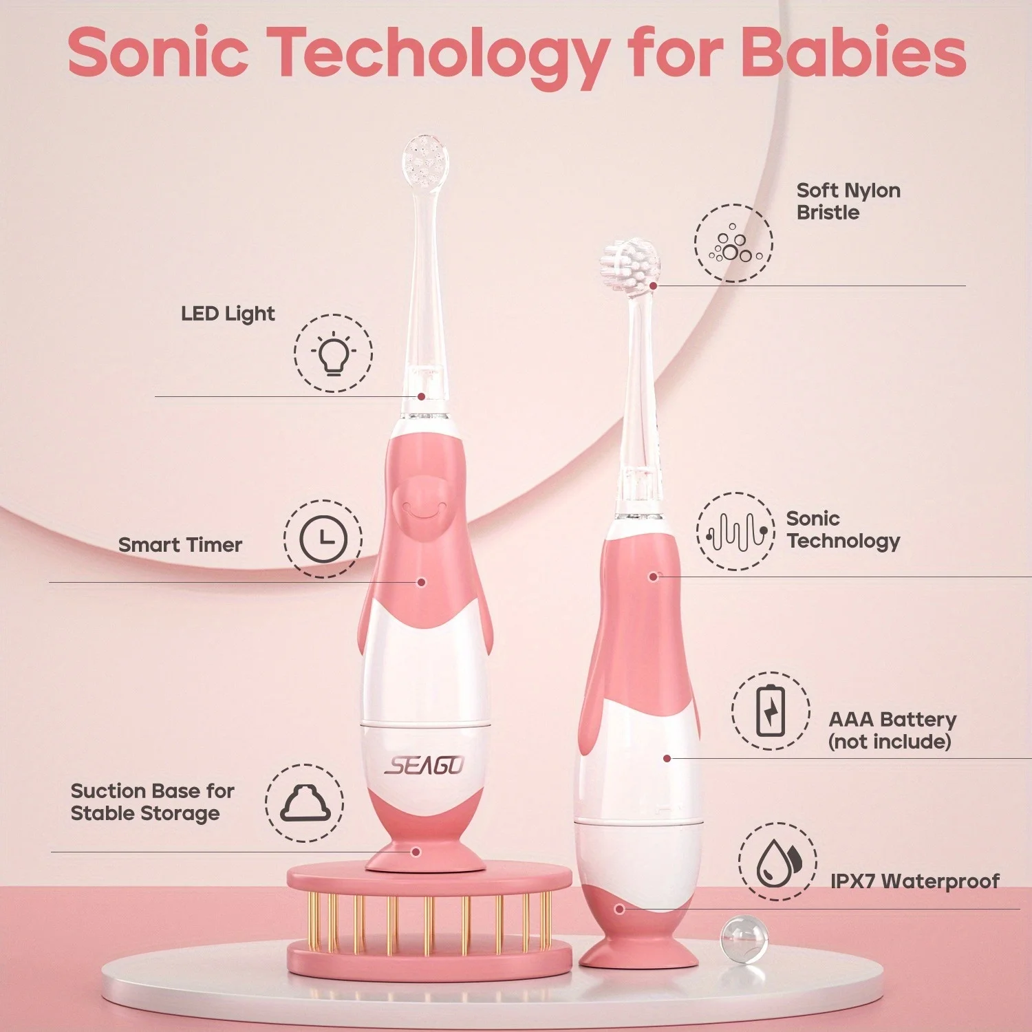 1/2 pc Seago513 Kids Sonic Electric Toothbrush 2 Mins Smart Timer Children Sonic Tooth Brush Colorful Led Light  Waterproof Gift