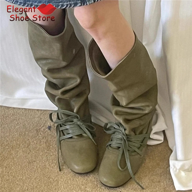 

Retro Green Pleated Leather Knee High Boots for Women Round Toe Thick Heel Cross Strap Knight Boots Street Style Women's Shoes