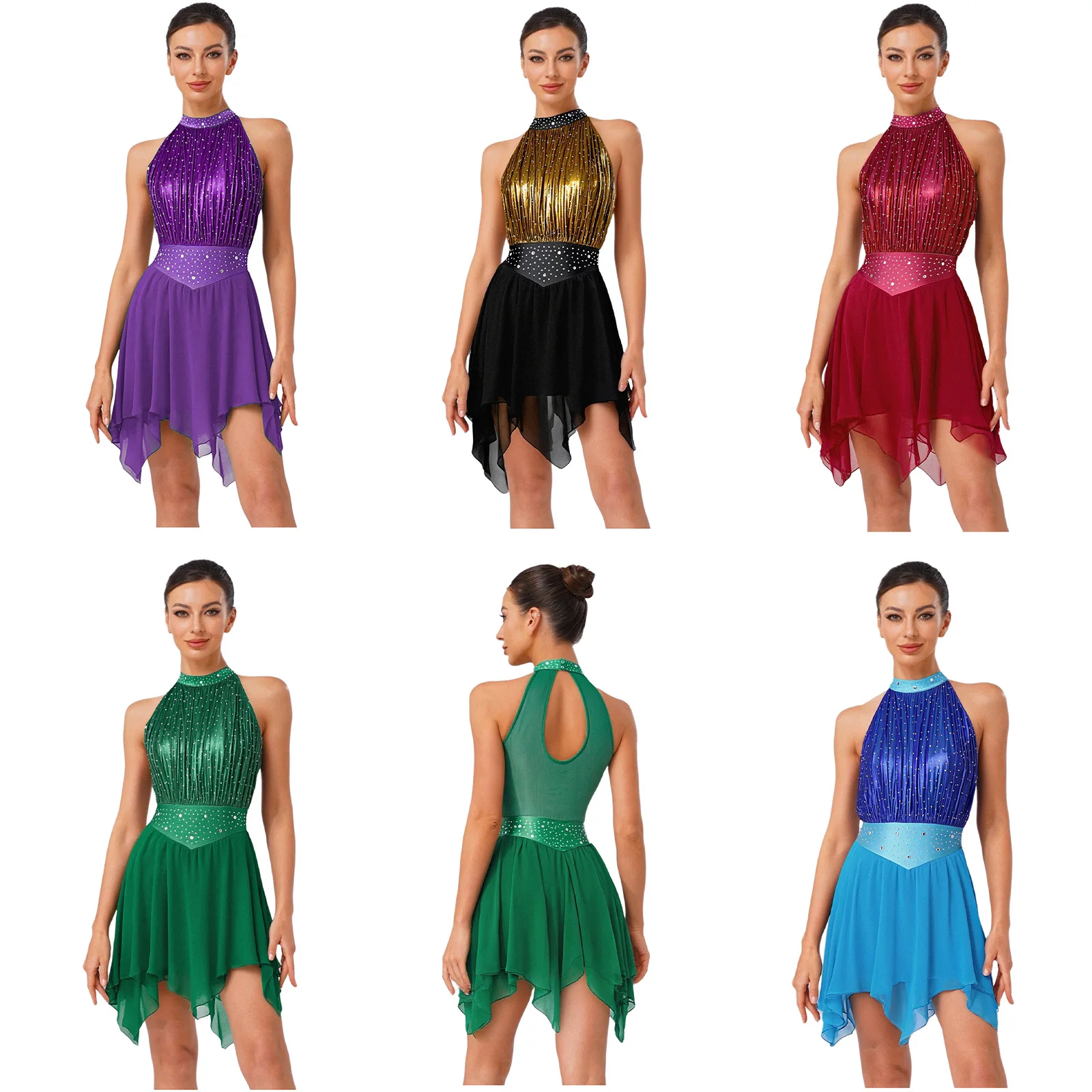 

Women Modern Lyrical Dance Performance Costume Sleeveless Metallic Mesh Shiny Rhinestone Figure Skating Leotard Dress Dancewear