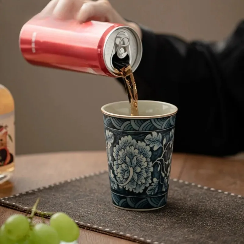 Retro Ru Kiln Porcelain Cola Cup Handmade Blooming Flowers Ceramic Tea Mark Water Mug Coffee Mug Kung Fu Teaset Drinkware