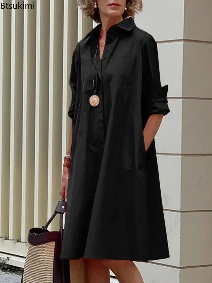 New 2024 Women's Spring Summer Shirt Dress Solid Casual Turn-down Collar Pocket Long Sleeve Midi Dresses Female Dresses Vestidos