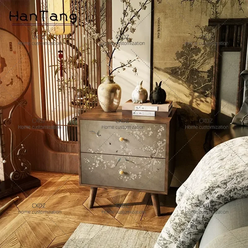 Chinese Style Retro Solid Wood Bedside Table Household Storage Cabinet Sofa Side Table Floor Standing Nightstand for Bedroom