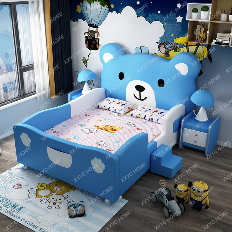 Creative cartoon bear bed for boys and girls - modern minimalist solid wood single bed with guardrail (1.5m)