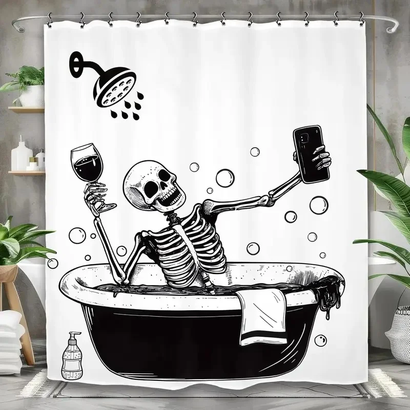 VIKAMA Gothic Skull Shower Curtain Skeleton Taking Selfie In Bathtub Print Waterproof Curtain for Bathroom Decoration