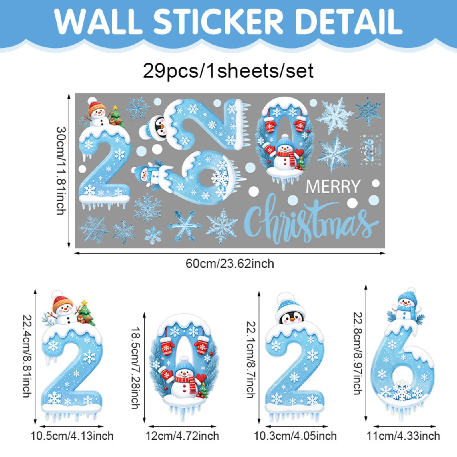 جديد 2026 عيد الميلاد ملصقات نافذة الأزرق عيد الميلاد ثلج الثلج الزجاج ملصقات الشتاء ملصقات ديكور المنزل الطرف