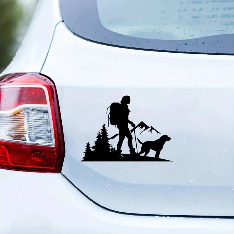 Single Vinyl Decal of a Hiker And Dog, Versatile Sticker for Vehicles, Laptops, And Wall Decoration