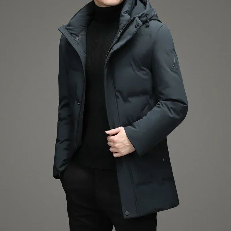 Mid-length down jacket men's 2024 new winter thickened solid color hooded men's jacket men's coat cold protection