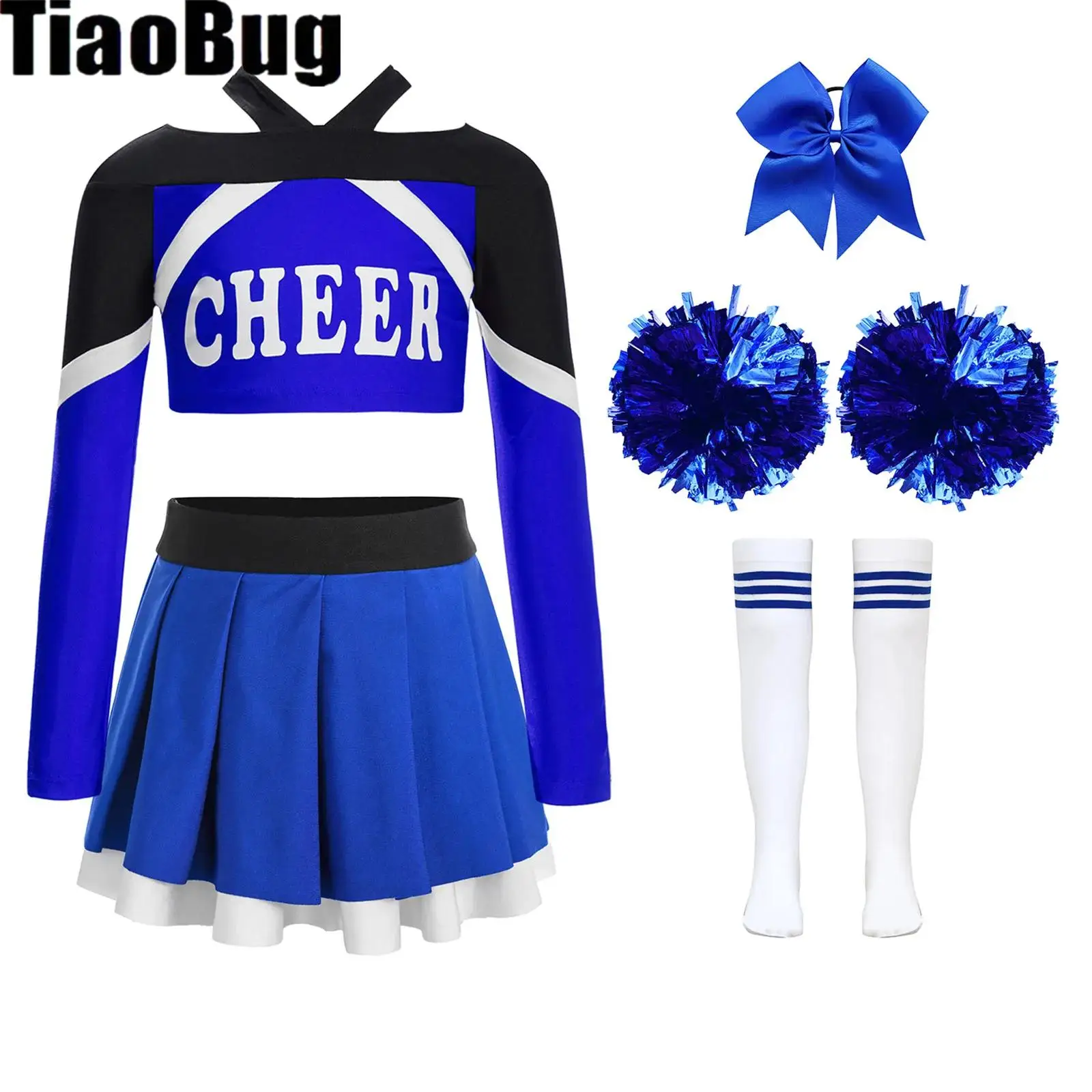 

Girls Cheerleader Uniform Cheerleading Costume Long Sleeve Letter Print Crop Top +Pleated Skirt School Performance Sportswear