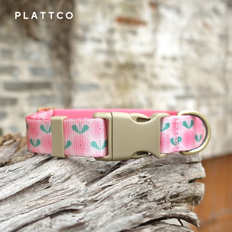 PLATTCO Designer Personalized Dog Collar Luxury Nylon Custom Dog Collar For Small Large Dogs Name Collars Pink Dandelion PDC356