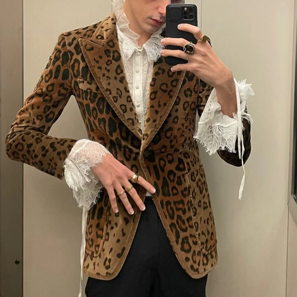 

Chic Leopard Print Suit Set Two Pieces High Quality Regular Fitted Outfit Peaked Lapel Casual Party Prom Male Clothes Set