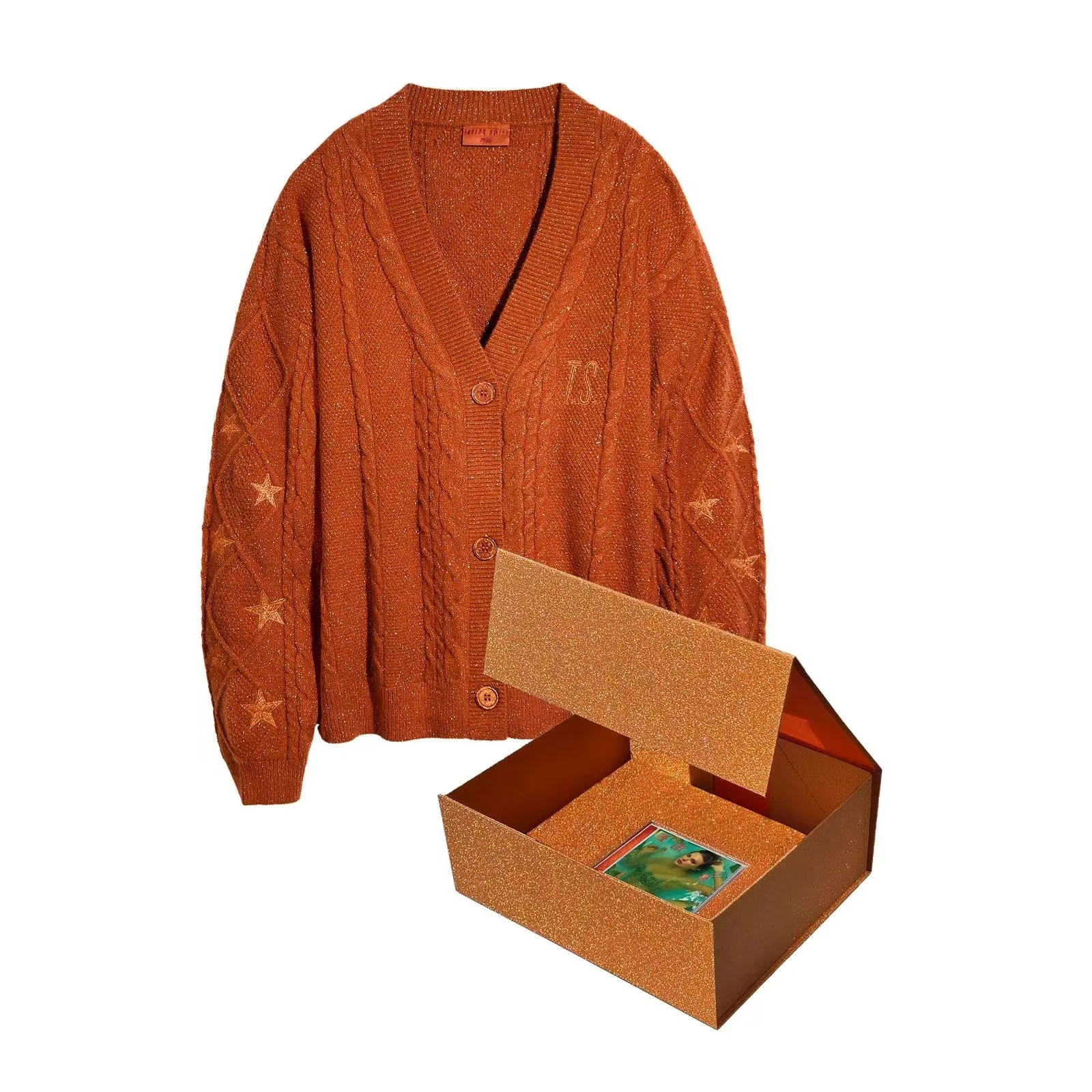 

American Retro Orange Cardigan Women Star Embroidery Loose Temperament V-neck Single-breasted Knitted Cardigan Women Sweater