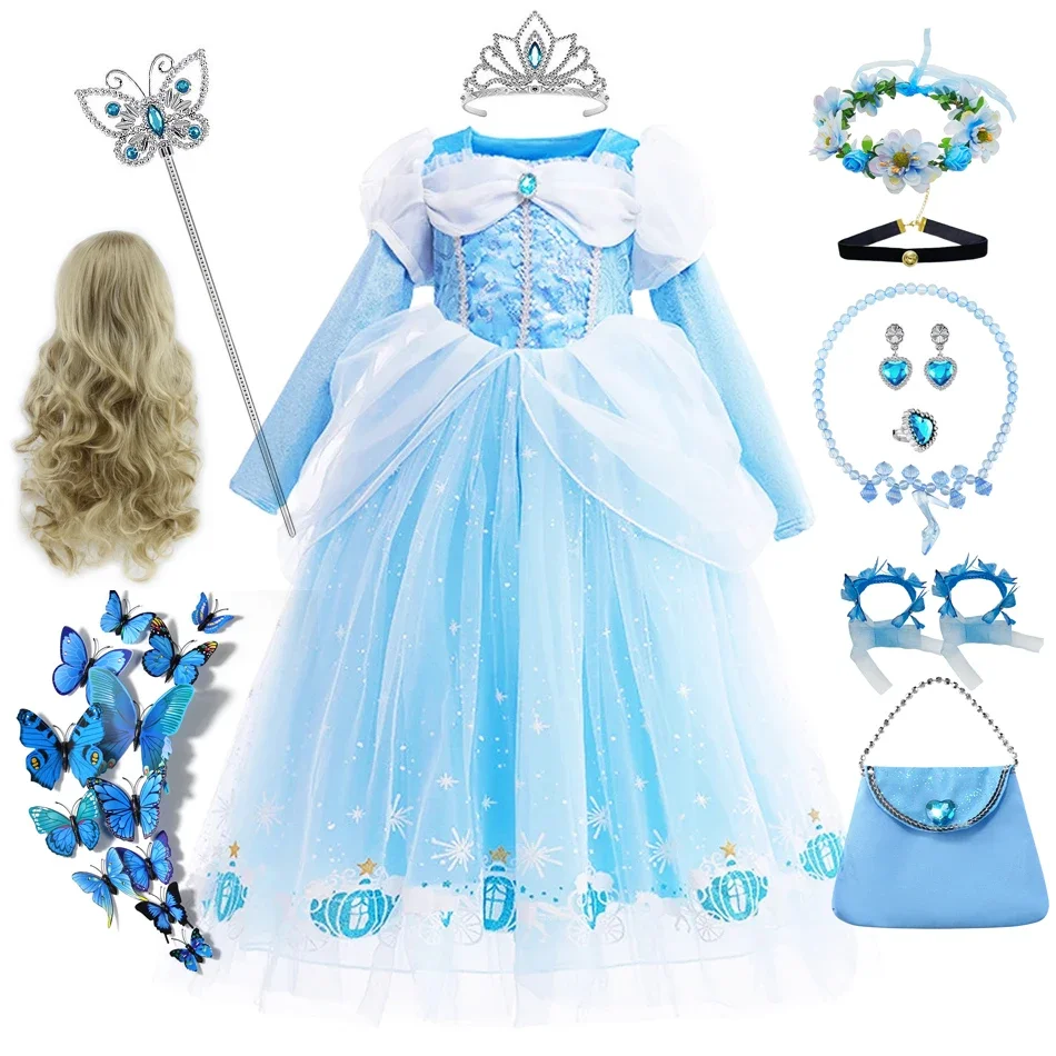 Cinderella Dress for Girls Long Sleeve Princess Costumes Cosplay Blue Sequin Children Bithday Surprise Kids Ball Gown