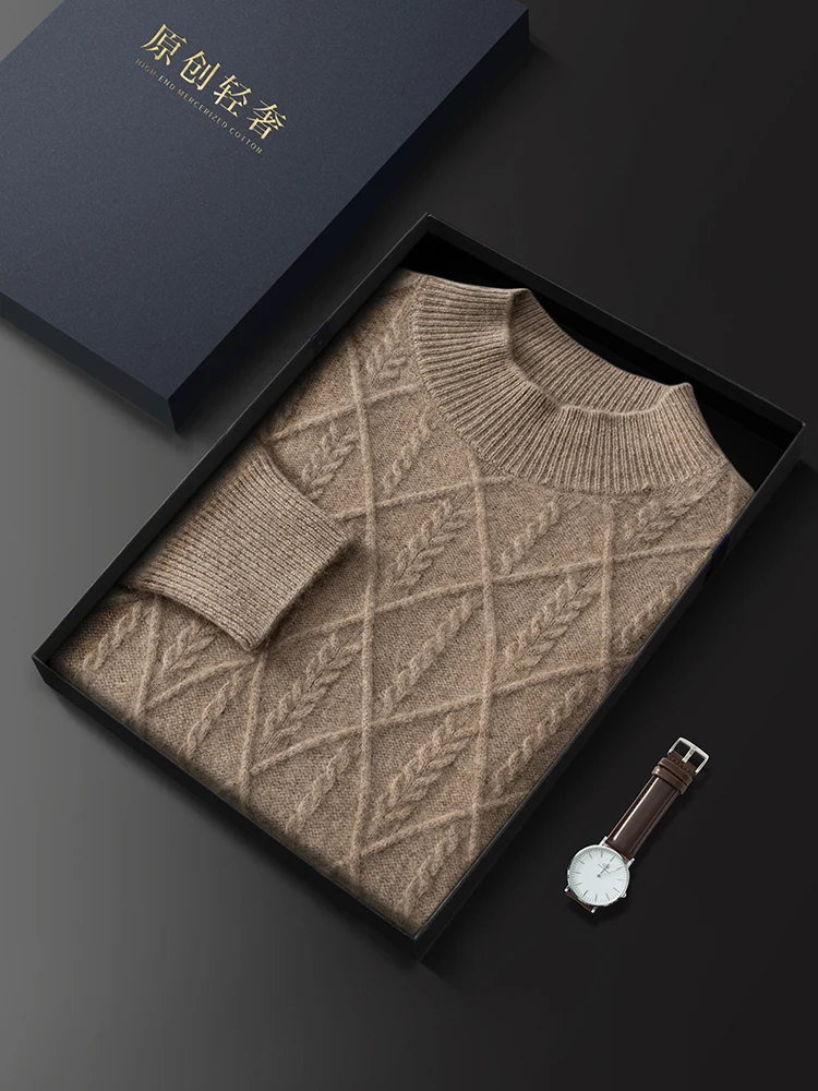 

Men's 100% Cashmere Sweater Diamond grid small twisted flower Mock Neck Pullover Autumn Winter Thick Smart Casual Knitwear Tops