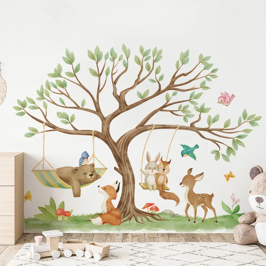 Cartoon Cute Animal Wall Stickers Bear Rabbit Squirrel Swing For Children's Room Kids Bedroom Baby Room Decor Home Decoration