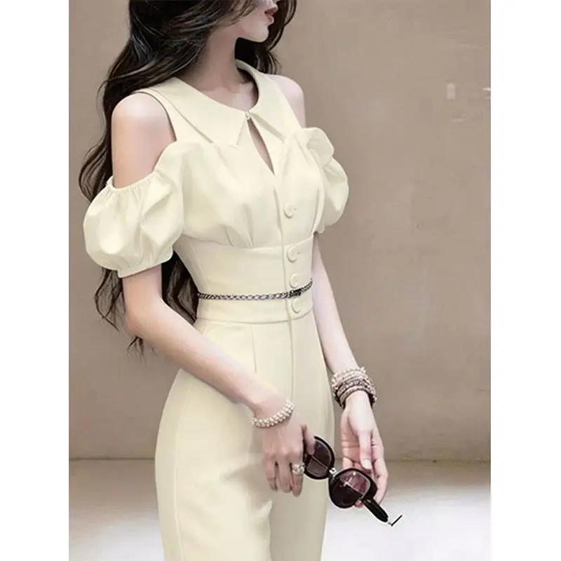 New French Summer Fashion Jumpsuit Women Puff Sleeve Off Shoulder Lapel Slim Waist Elegant Party Jumpsuits Solid Color