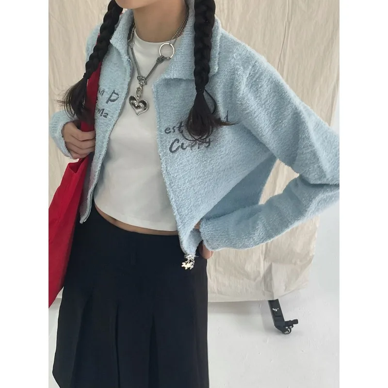 

Мягкий и клейкий маленький короткий молодежный свитер на молнии в стиле ретро, куртка-кардиган