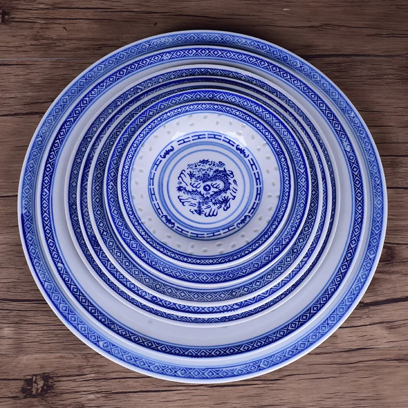 Chinese Flat Plate Blue And White Porcelain Dinner Plates Ceramic Old-fashioned Dragon Plate Tableware Food Tray