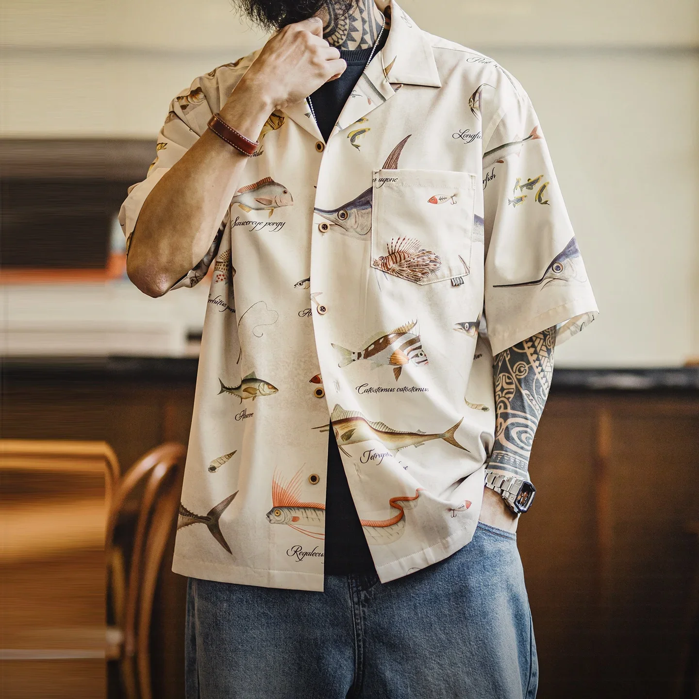 Maden Men Cuban Collar Hawaiian Printed Shirt American Retro Workwear Short Sleeve Top Hong Kong Style Casual Summer Daily Wear