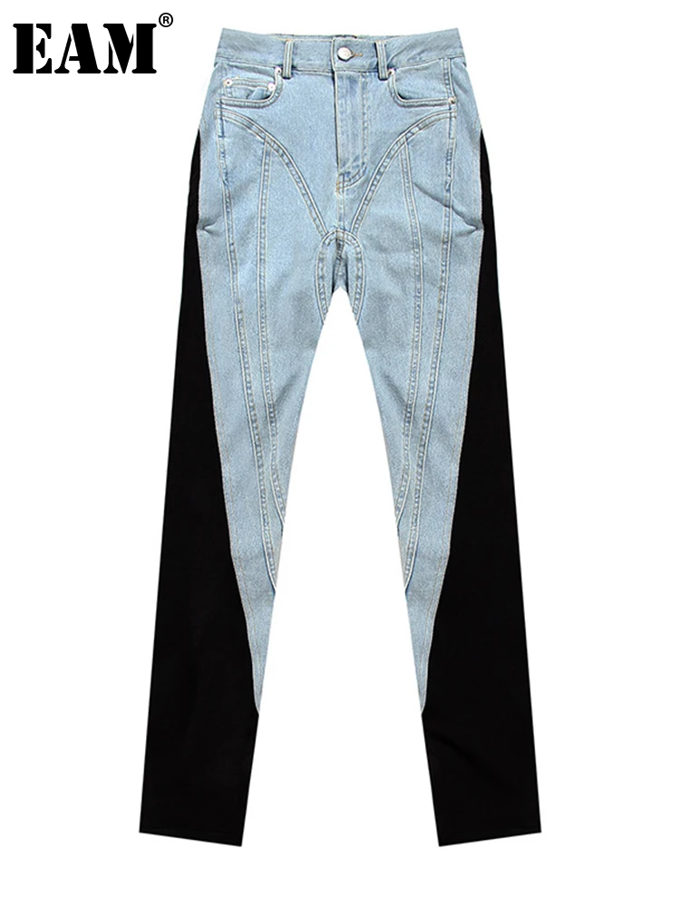 [EAM] High Waist Blue Color-block Pockets Long Pencil Jeans New Loose Women Trousers Fashion Tide Spring Autumn 2024 WT05205