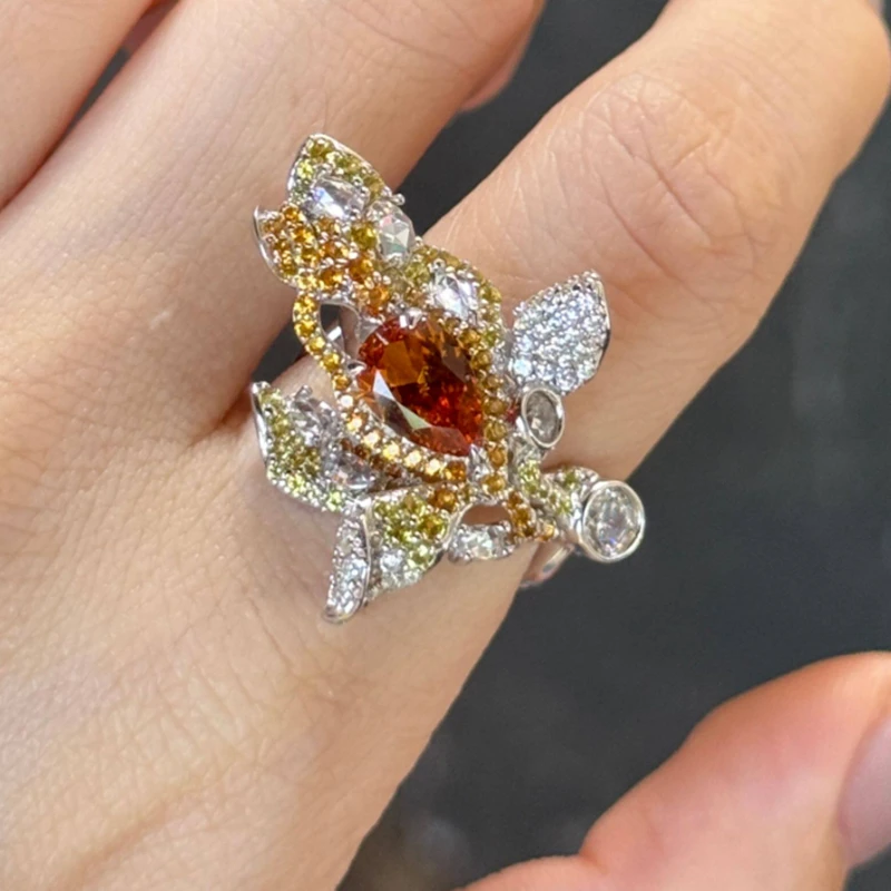 KQDANCE Hand Craft New 925 Sterling Silver Lab Citrine Orange Sapphire Leaf Style Cocktail Rings Woman Luxury Party Fine Jewelry