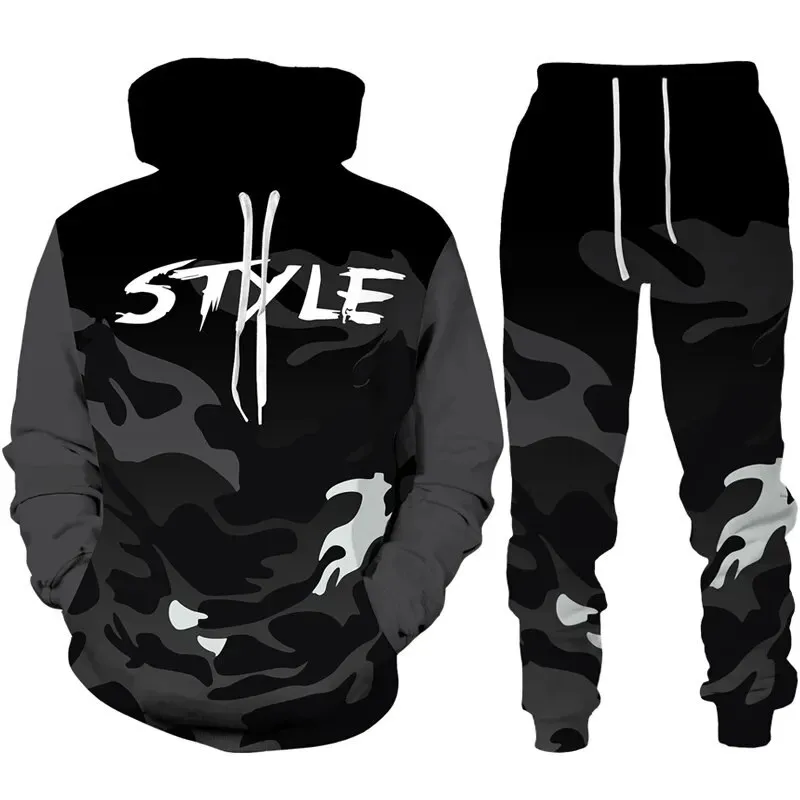 Camouflage Hoodie 3D Print Tracksuit Set Man Hoodie + Pants 2pcs Set Outdoor Fitness Sportswear Casual Unisex clothing