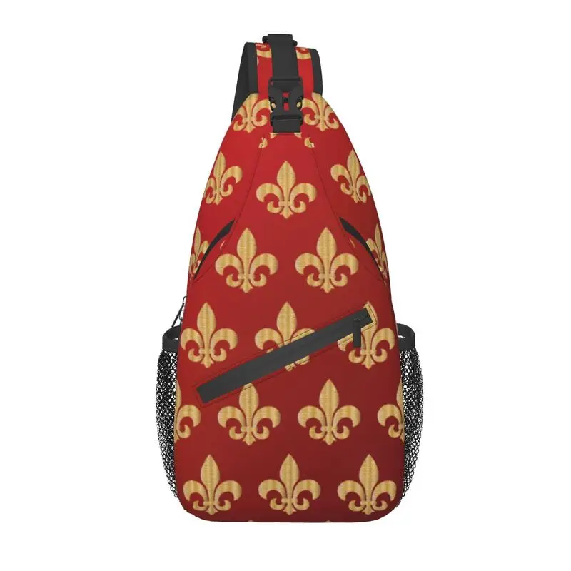 

Fashion Red And Gold Fleur-De-Lys Sling Crossbody Backpack Men Fleur De Lis Lily Floral Shoulder Chest Bag for Traveling