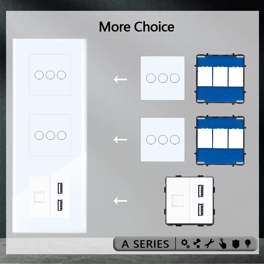 ENTUOIA Wall Light Switches Glass Panel Parts White USB Type-C Sockets Function Parts  DIY EU CAT6 TV Sockets Power Outlet Parts