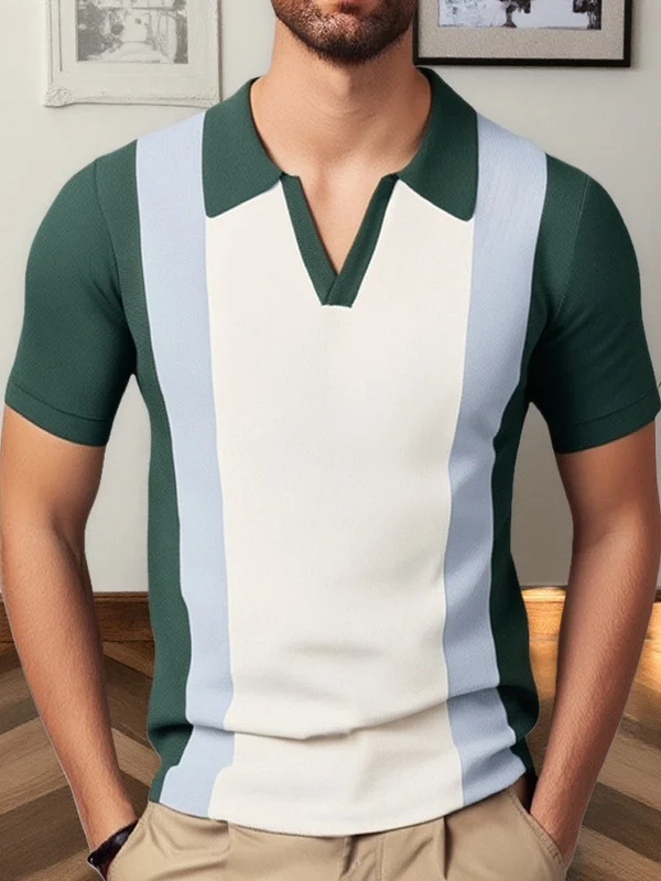 

Summer New Sle Men's Knitted irt Casual ort Sve Turn-down Collar Patchwork Color Blo Faion Urban Fit Top