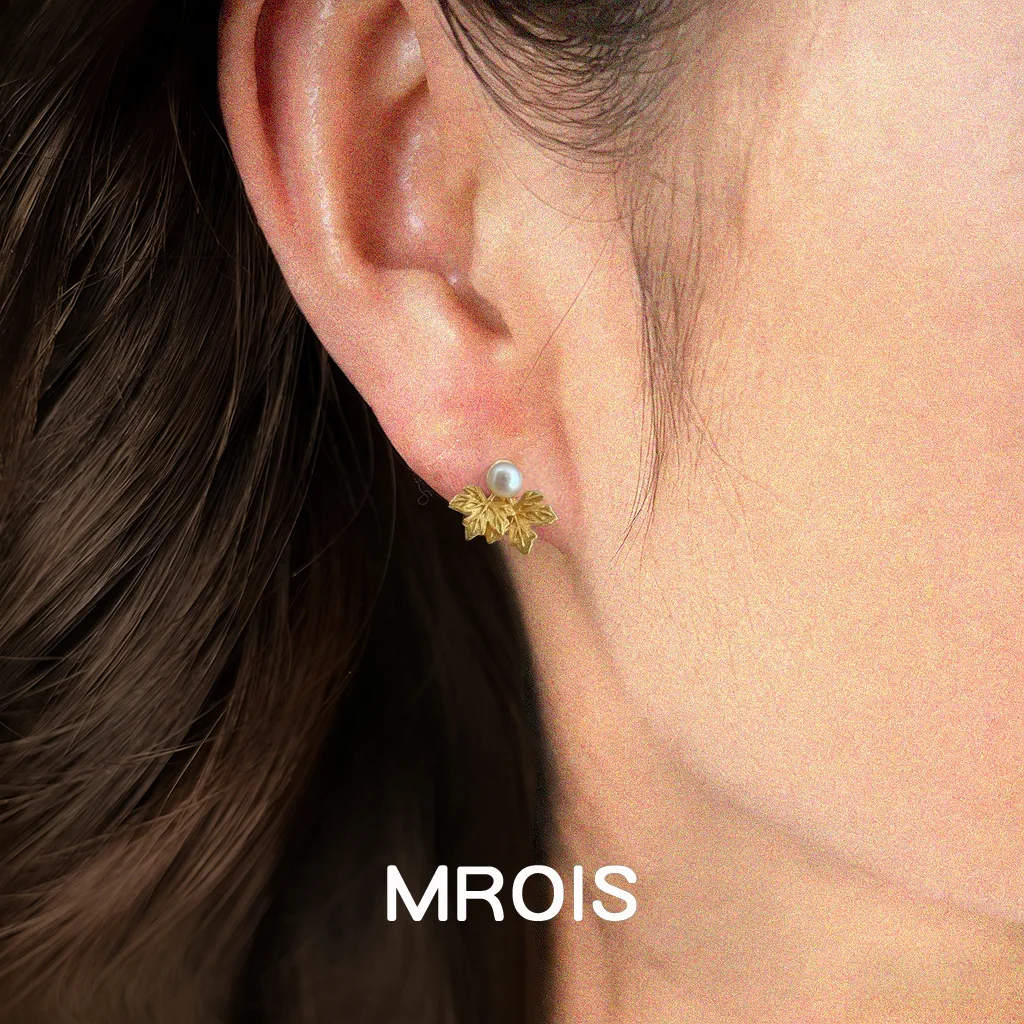 Original 18k real gold plated French freshwater pearl maple leaf stud earrings light luxury high sense fashion elegant style ear