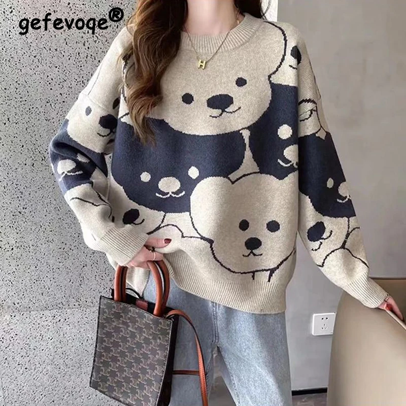 Women Trendy Funny Kawaii Cartoon Bear Casual Streetwear Y2K Knitted Sweaters Winter O Neck Long Sleeve Loose Fleece Pullovers