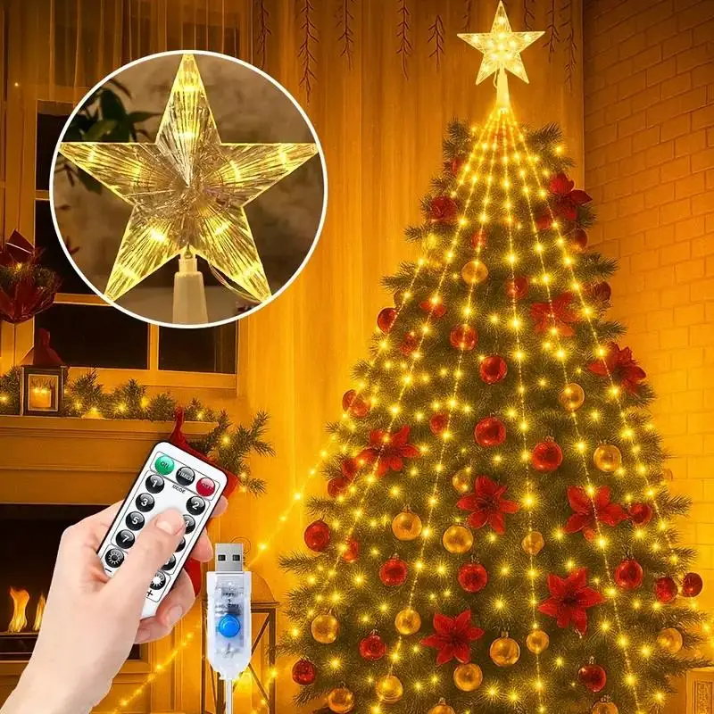 USB Waterfall Lights with Remote Control，8 Modes Dimmable, Waterproof Fairy Lights for Christmas Bedroom Garden Decoration