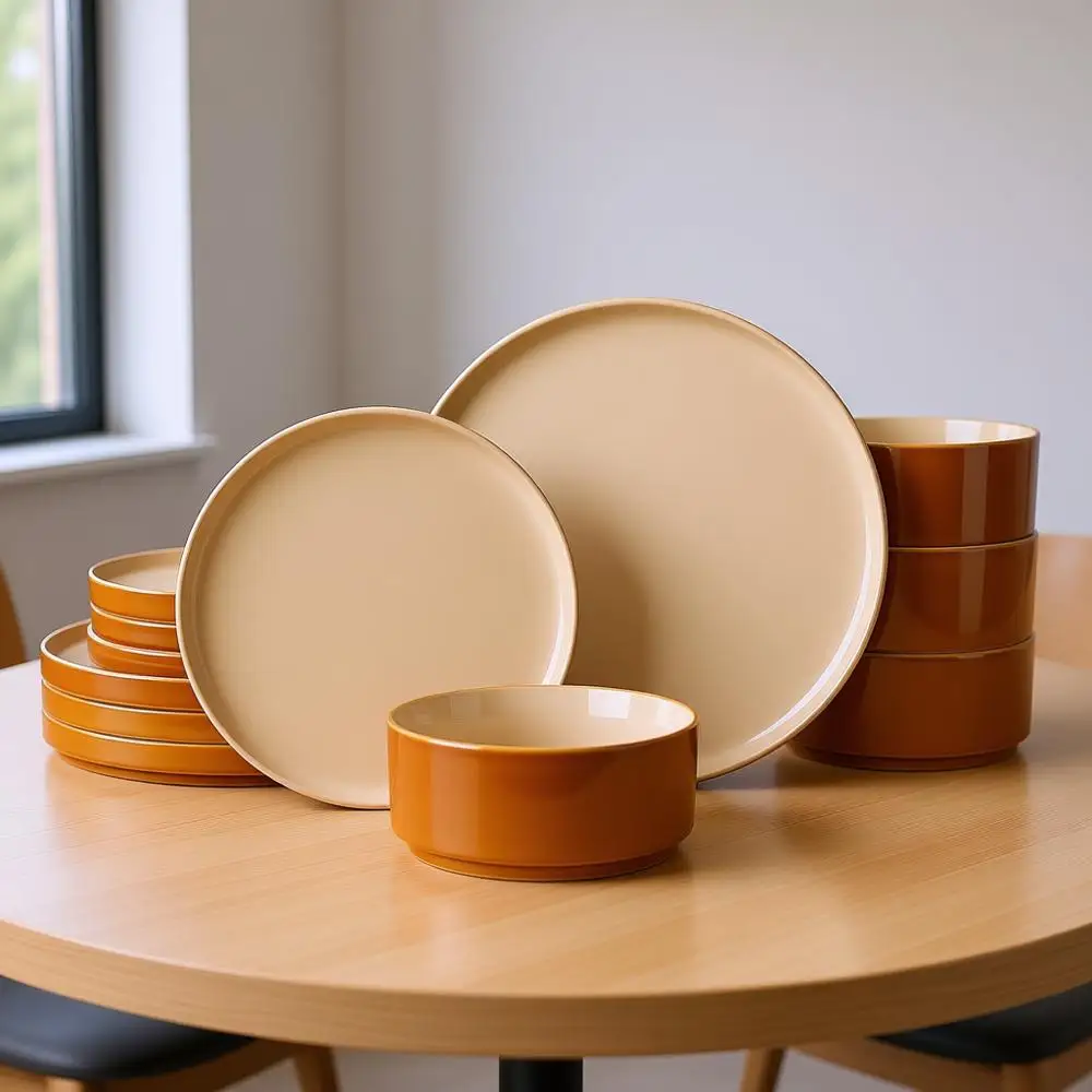 

Набор посуды из 12 предметов, коричневый, с реактивной глазурью, 4 персоны, можно мыть в посудомоечной машине и использовать в микроволновой печи