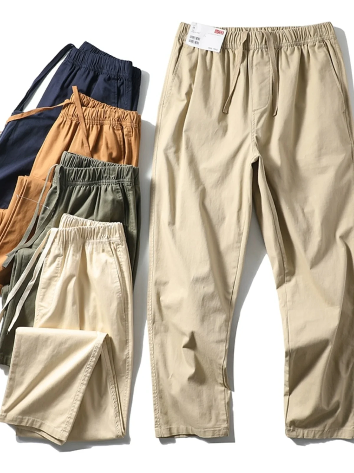 

Casual Waed Elastic Waist Men's Straight Leg Nine-Tenths Pants Versatile Japanese Sle Basic Summer Leisure Trousers