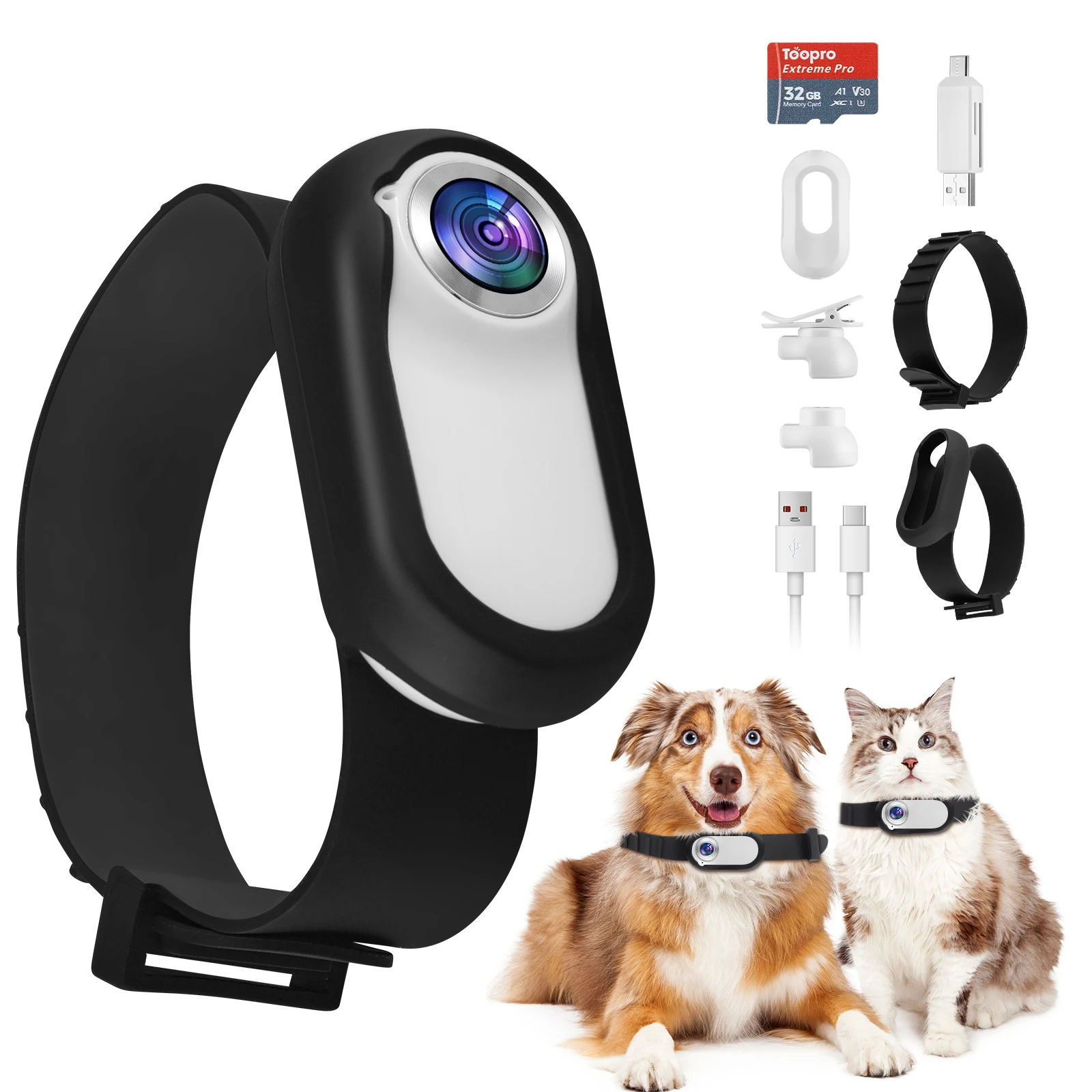 Katzen kamera halsband, 1080p 170 ° Weitwinkel-Katzen halsband mit Kamera 32GB SD-Karte, wiederauf ladbare USB-Hunde kamera für Hunde und Katzen