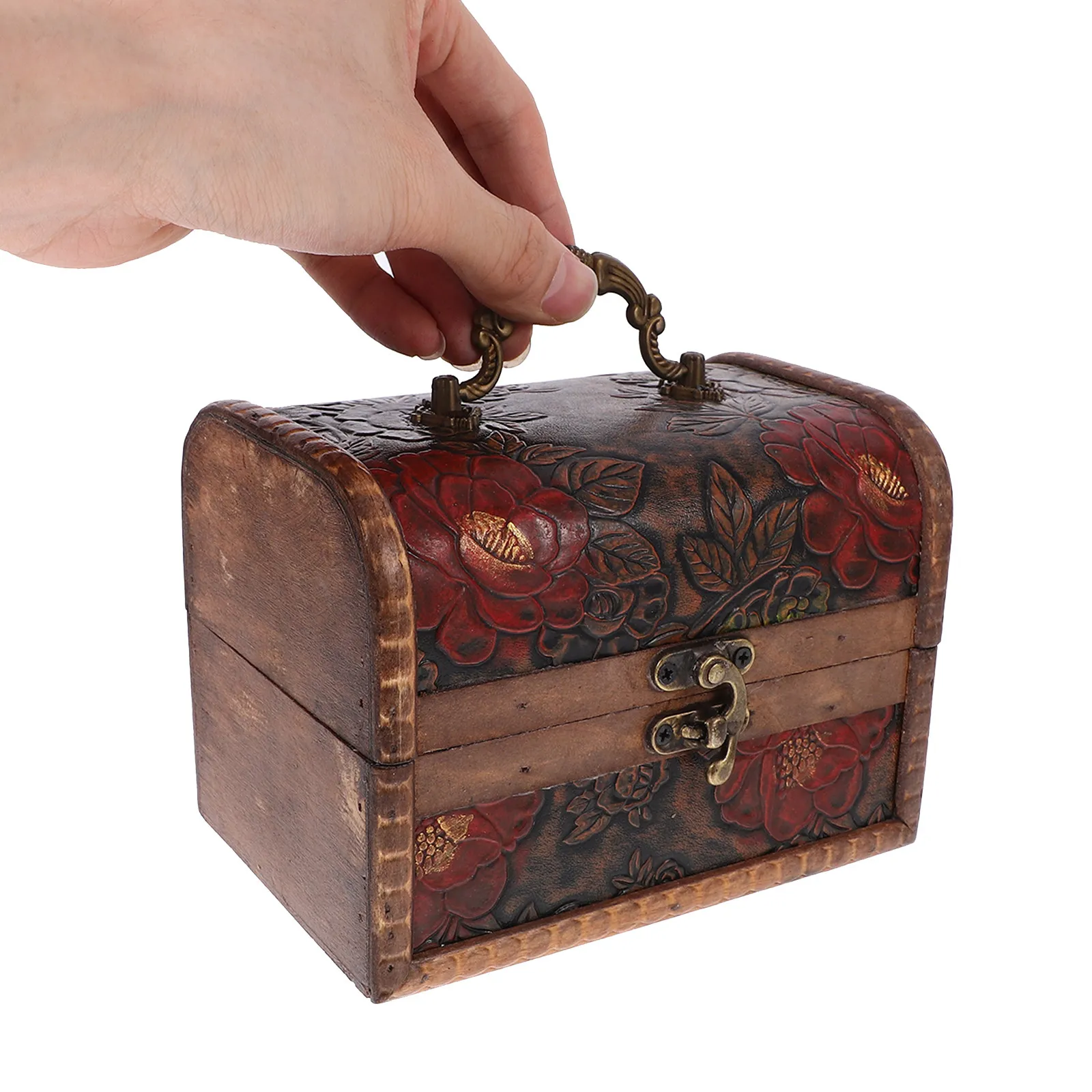 

Wooden Jewelry Storage Box Small Treasure Chest with Floral Embossing Lidded Retro Vintage Design for Women Rings Earrings