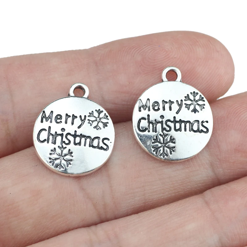 10Piece 15*18mm Antique Silver Plated Round Disc Charms DIY Merrry Christmas Message Charm  Pendant Jewelry