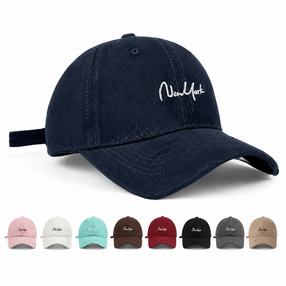Adjustable New York Baseball Cap Cotton Deep Crown Wide Brim Cap Cursive Embroidery Large Head Friendly Curved Brim Hat