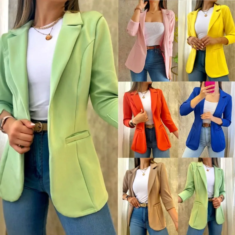 Blazer monocromático feminino com bolsos, jaqueta de manga comprida, casaco fino, outono, inverno