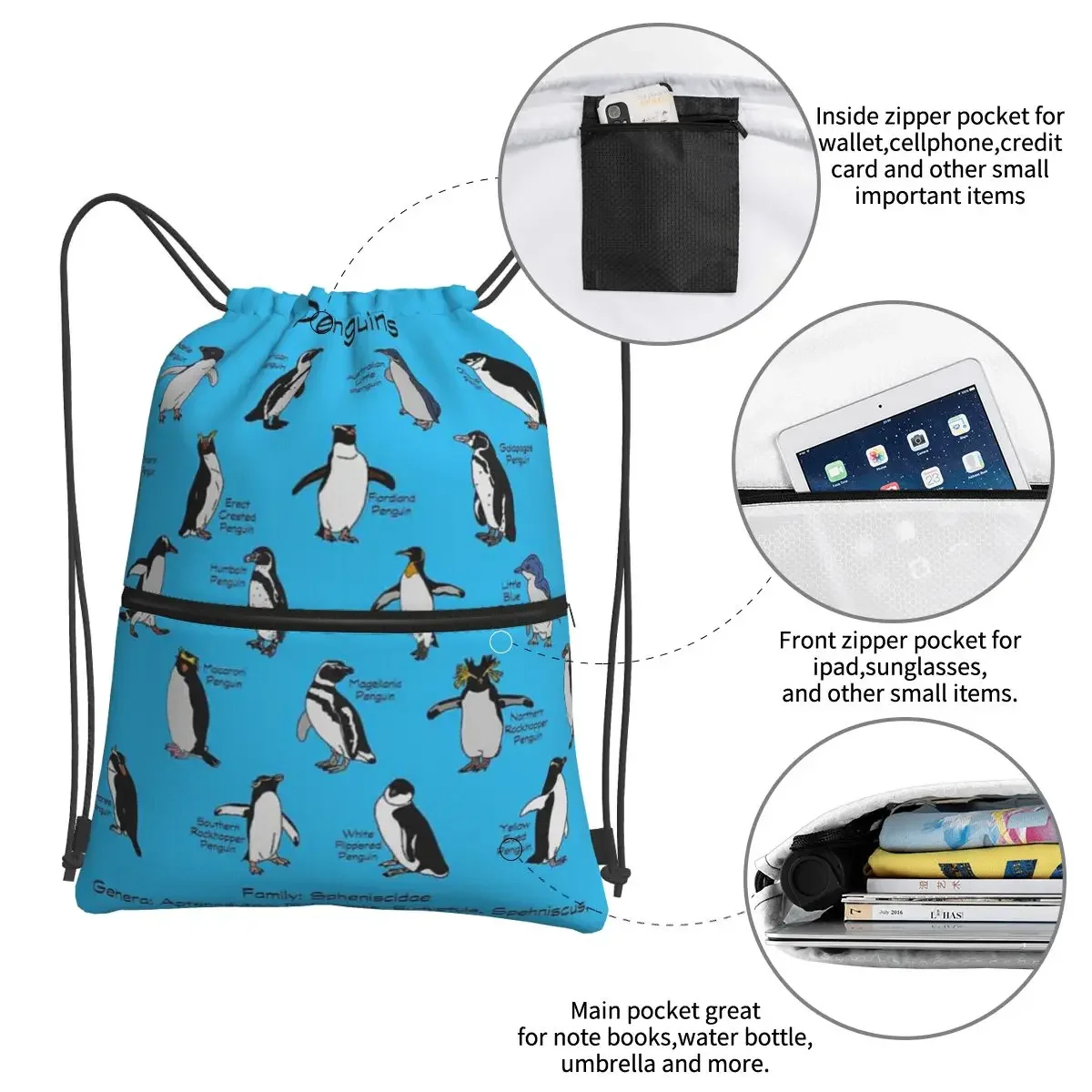 Mochilas portáteis pinguins, Saco de cordão, Multi-function Bundle Pocket, Diversos sacos para estudantes escolares