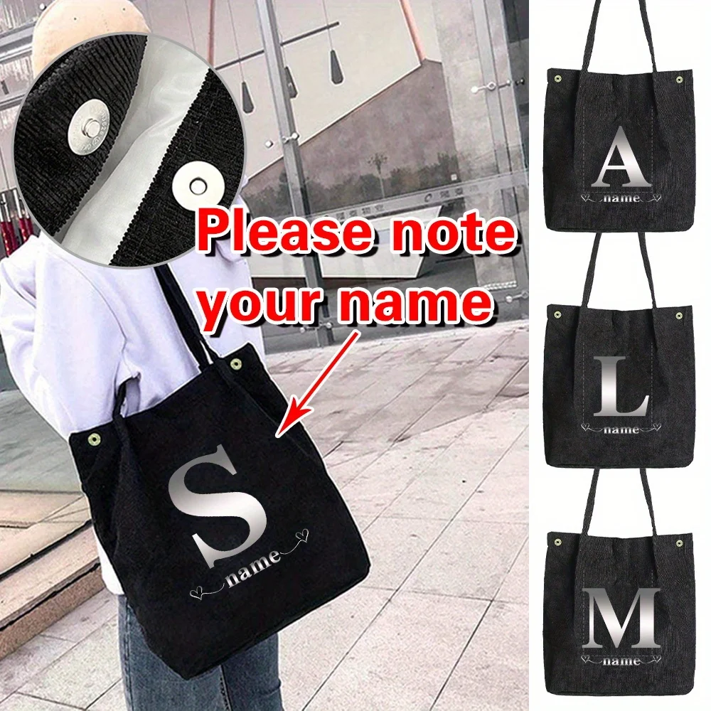 

Personalized Customized New Women's Corduroy Black Shoulder Bag Large Capacity Lightweight Foldable Shopping Bag