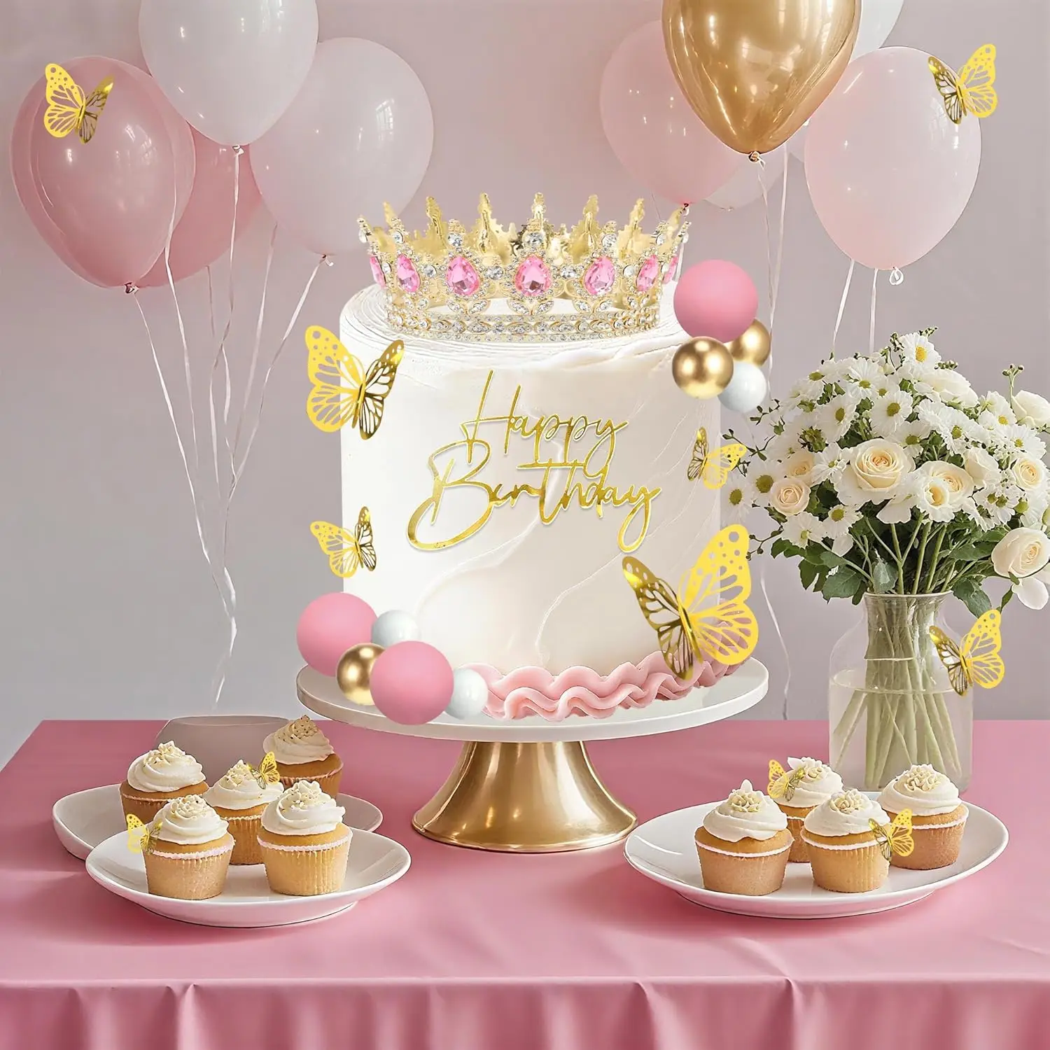 Kronen-Kuchenaufsatz, Kugeln, alles Gute zum Geburtstag, Kuchenaufsätze mit Kerzen, goldene Schmetterlinge, Kuchendekorationen für Hochzeit, Babyparty, Party – Detail 24