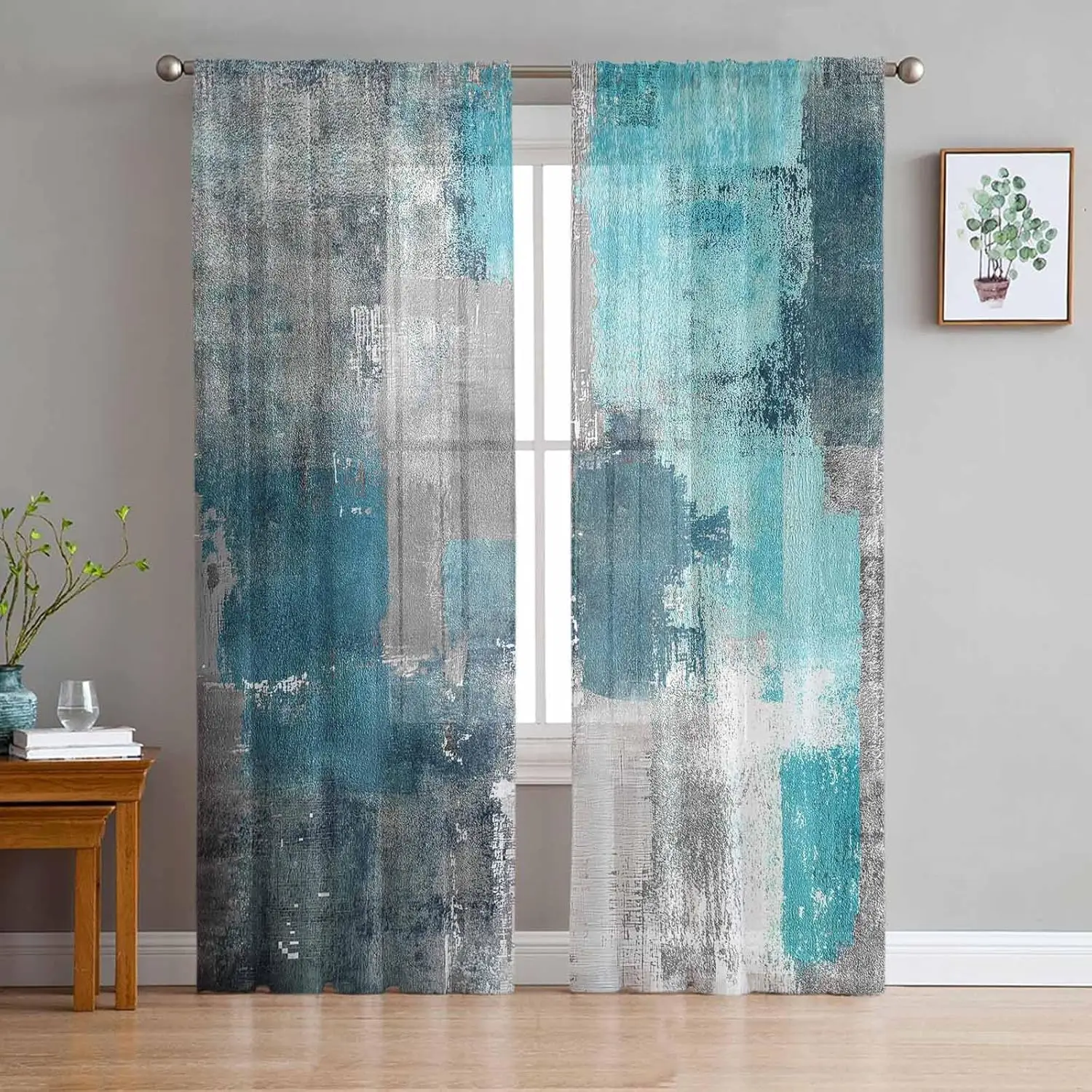 Turquoise Blue Grey Sheer Curtains 84 Inch Length  Set for Living Room/Bedroom, Teal Abstract Art Painting Semi Curtain Sheers