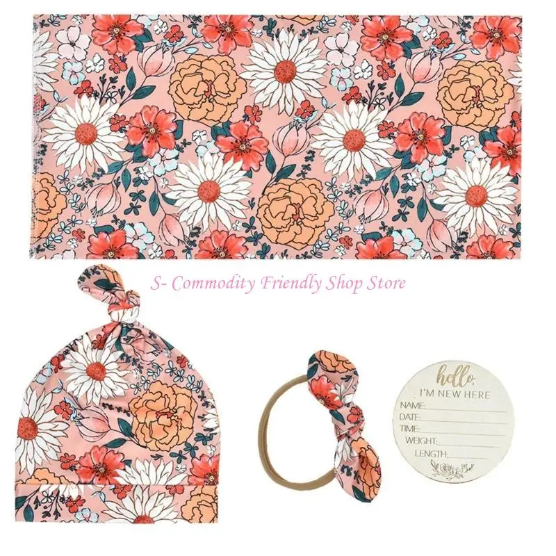 

85AE 4xBreathable Cotton Baby Swaddles Wrap Hat Hairband Infant Receiving Blanket Stroller Cover with Headwear & Knotted Hat