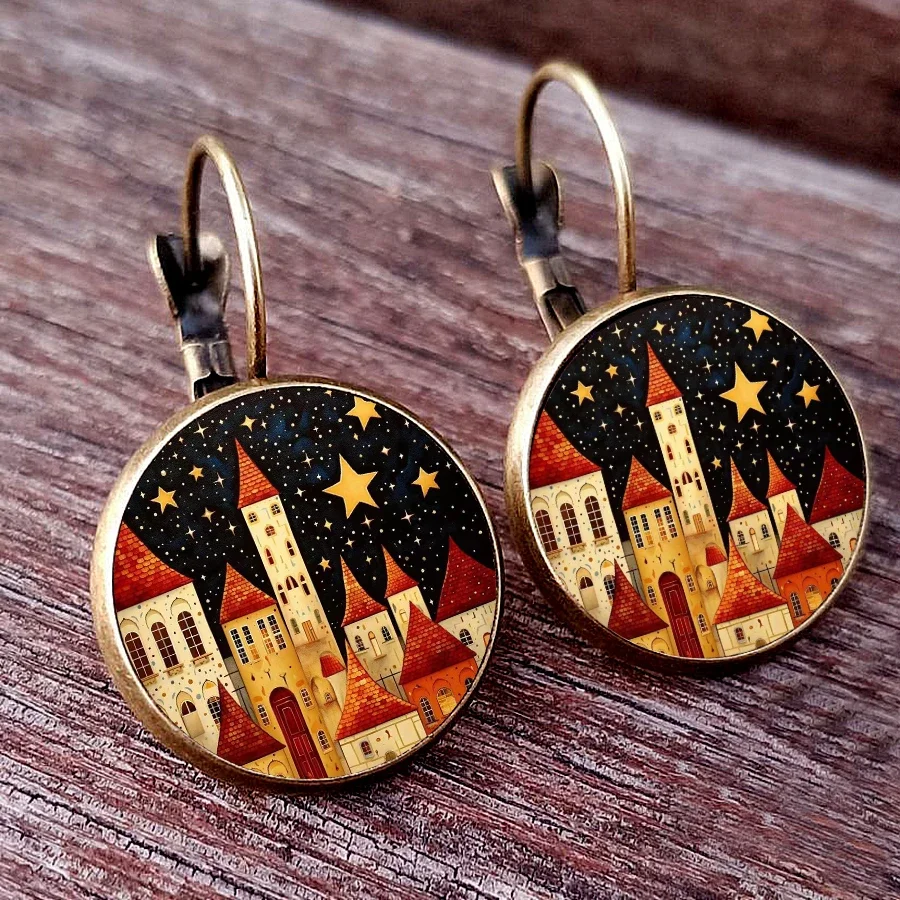 Dream castle Earrings Women Stud Earring Abstract Starlight House Oil Painting Earrings Glass Cabochon Womens Earrings jewelry