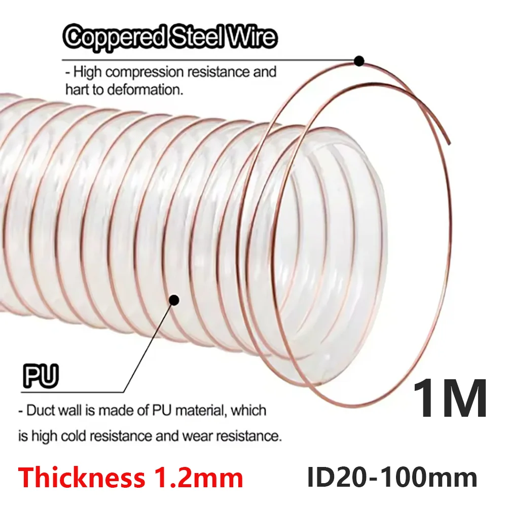 1.2mm Thick PU Polyurethane Air Duct Copper Plated Steel Wire Hose Transparent Vacuum Tube Woodworking Sawdust Corrugated Tube